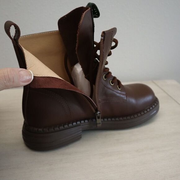 HZM 21DJL3138-1 Women Sz 40 US 9.5 Coffee Brown Leather Lace-Up Zip Combat Boots - Picture 9 of 9